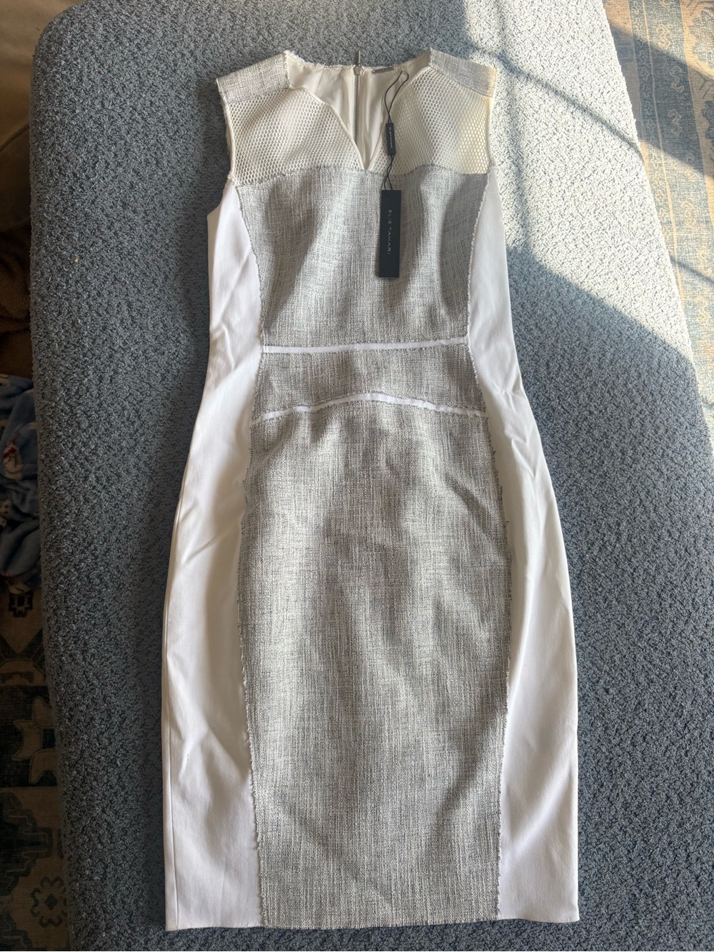 Sleeveless White and Gray Sheath Dress